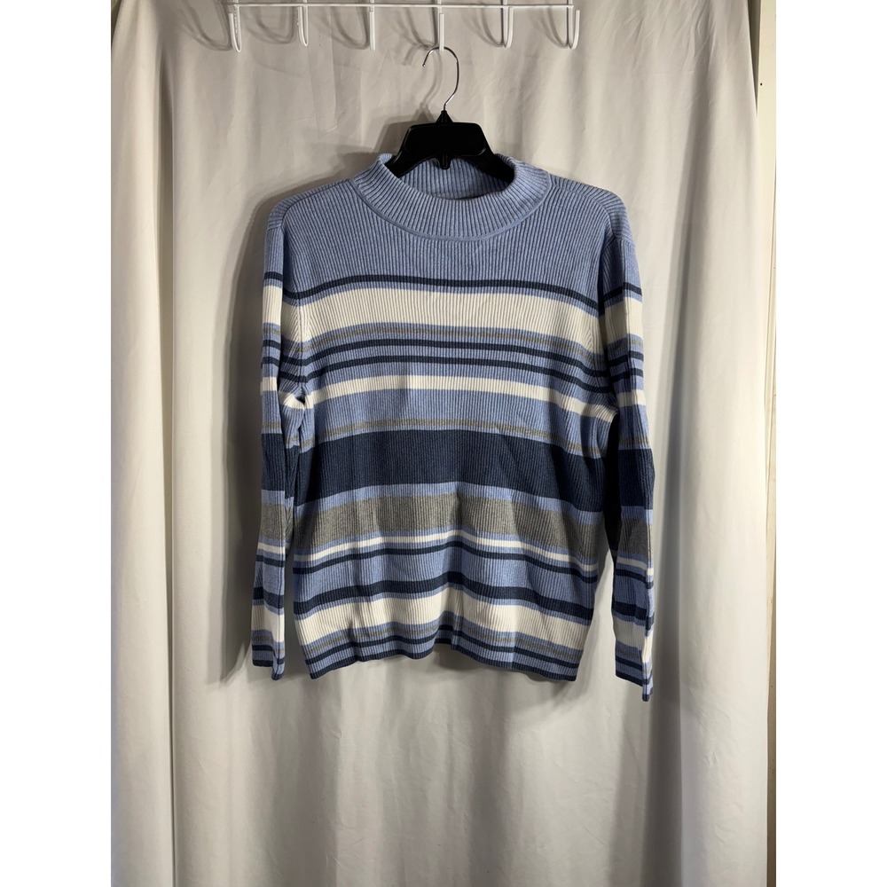 Karen Scott Women's Striped Mock‎ Neck Sweater XXL Blue White Gray LS Knit